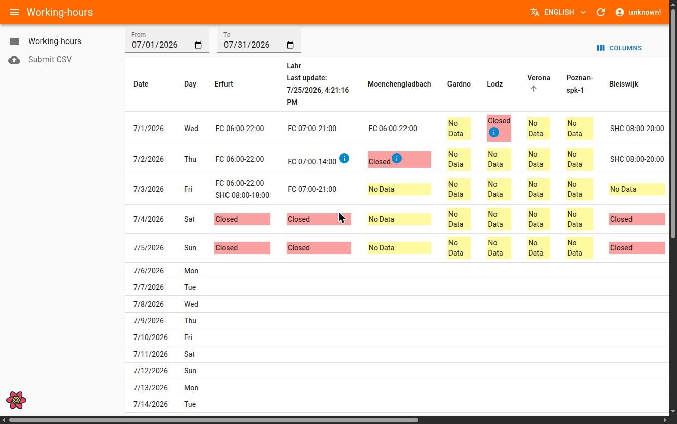 Screenshot of the working-hours app: table of warehouse locations and their opening hours per day, including statuses like Closed and No Data